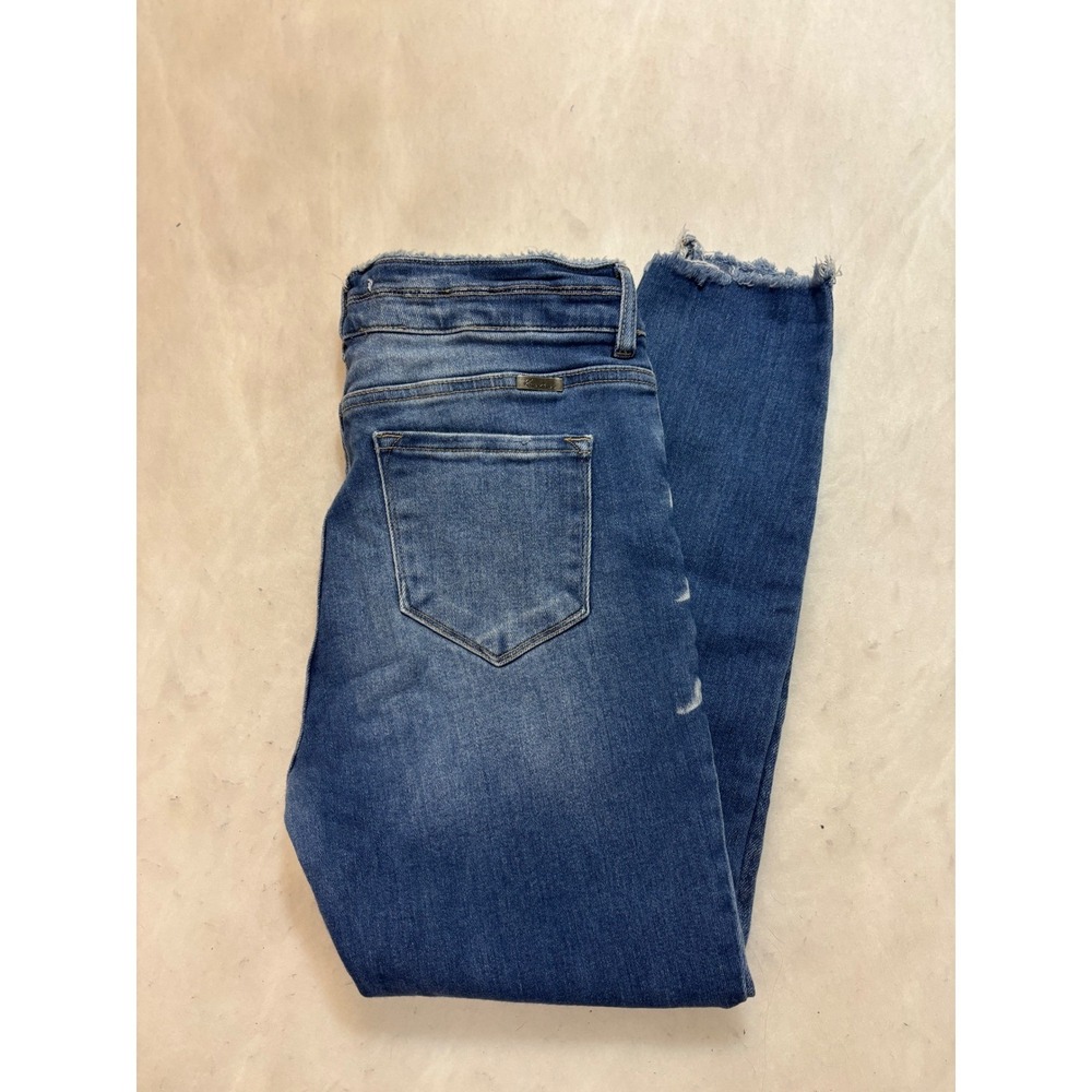 Kancan Distressed Mid Rise Skinny Jeans Frayed Hem Blue Denim Womens Size 13/30
